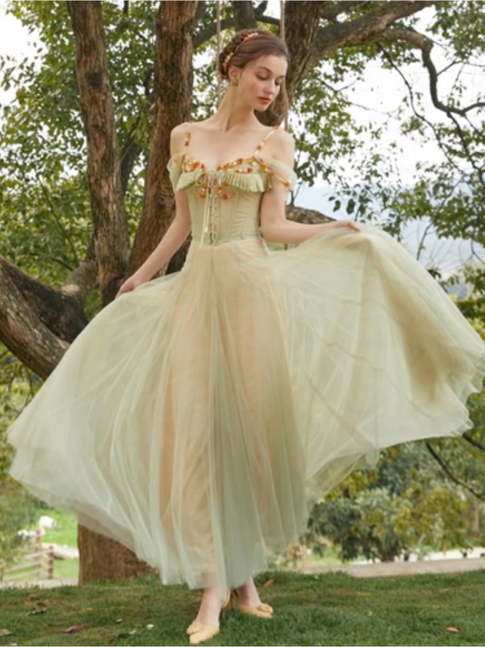 Lacemade Fairy Wildflower Green Floral Corset and Tulle Skirt Women's Size L New - Picture 1 of 14